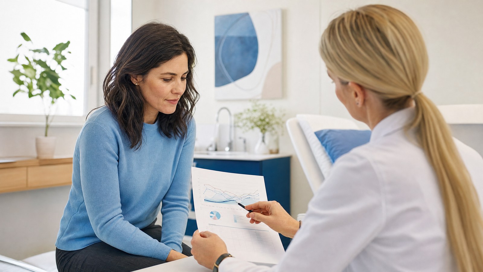 A woman looking thoughtful, representing the early signs of the perimenopause and the Menopause Blood Test.