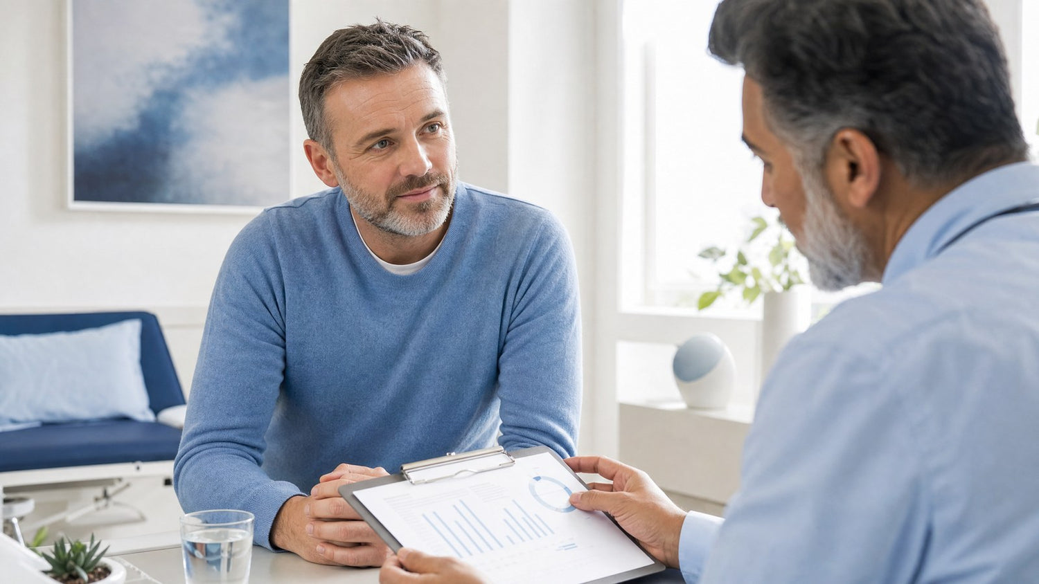 A man looking thoughtfully at his Ultimate Male Fertility Test kit.