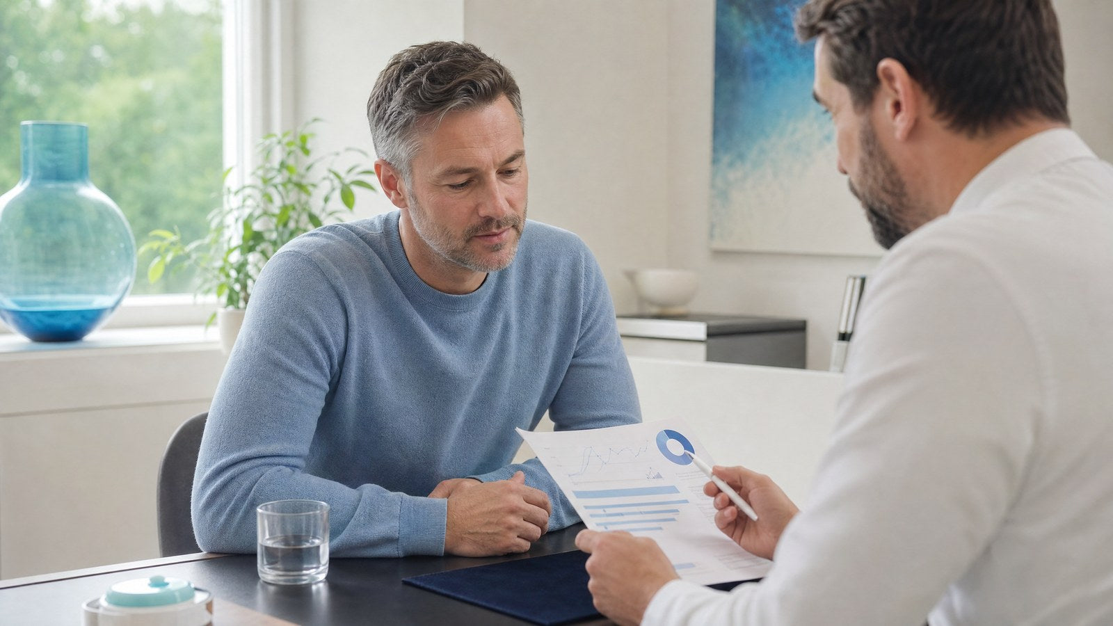 A person looking thoughtfully at their smartphone, perhaps reviewing health data or a Testosterone Blood Test result.