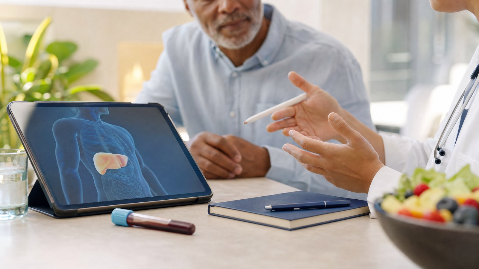 Person reviewing personalised liver health report from Gamma-Glutamyl Transpeptidase blood test