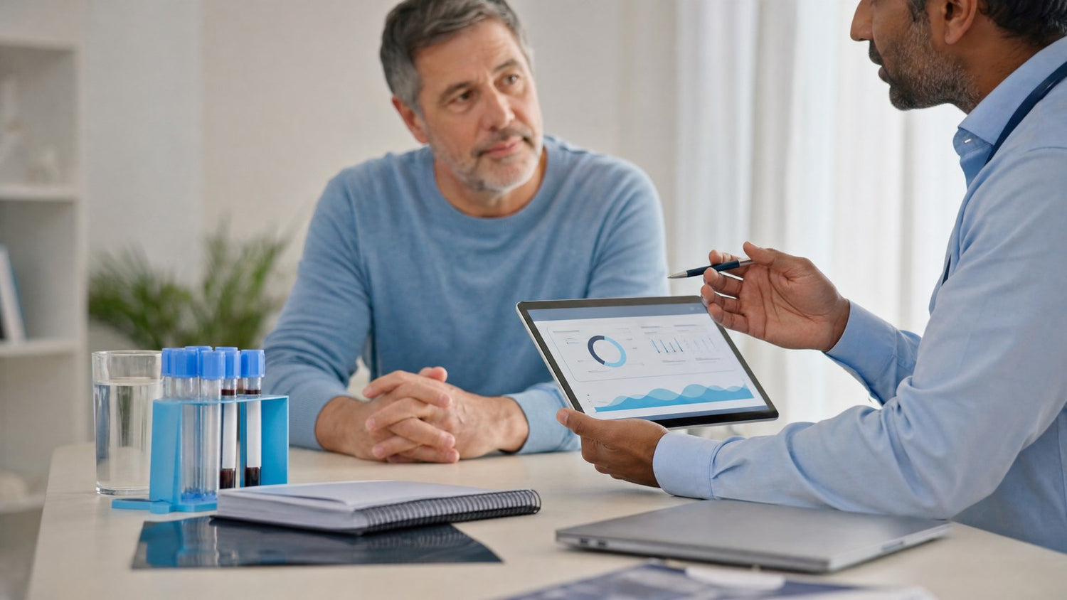 Patient reviewing results from the Ultimate Prostate Check blood test