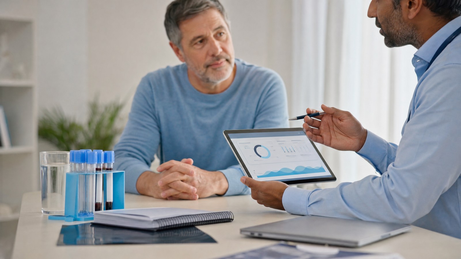 Patient reviewing results from the Ultimate Prostate Check blood test