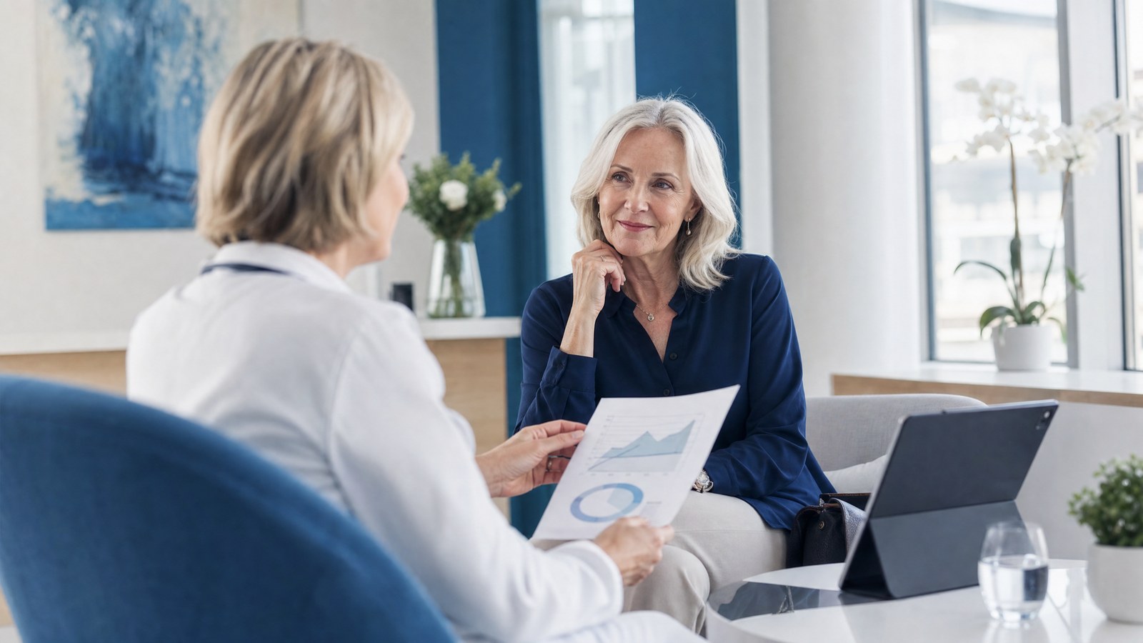 Menopause Profile blood test kit and woman managing menopause symptoms