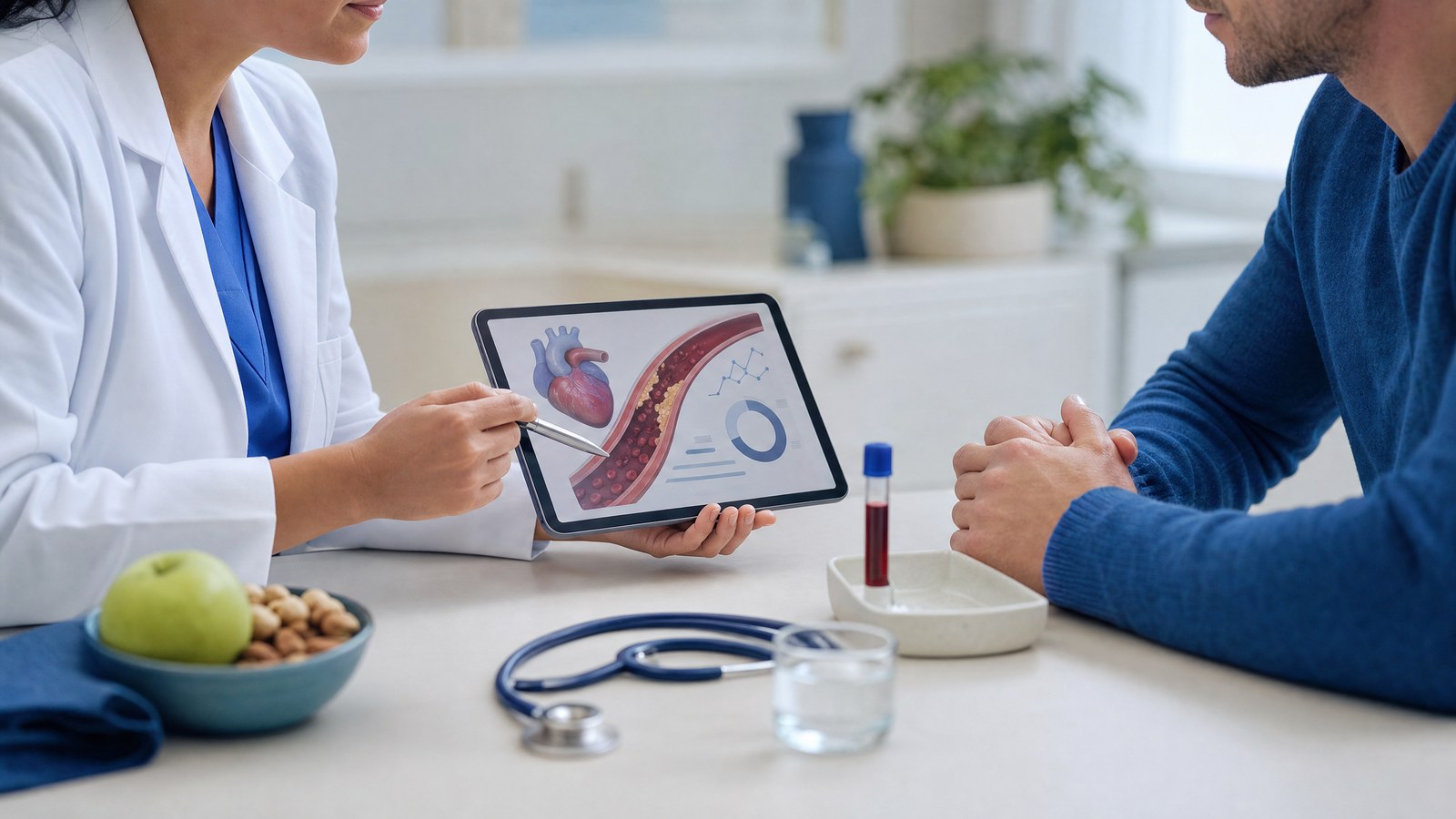 A healthcare professional reviewing Apolipoprotein B (Apo B) blood test results