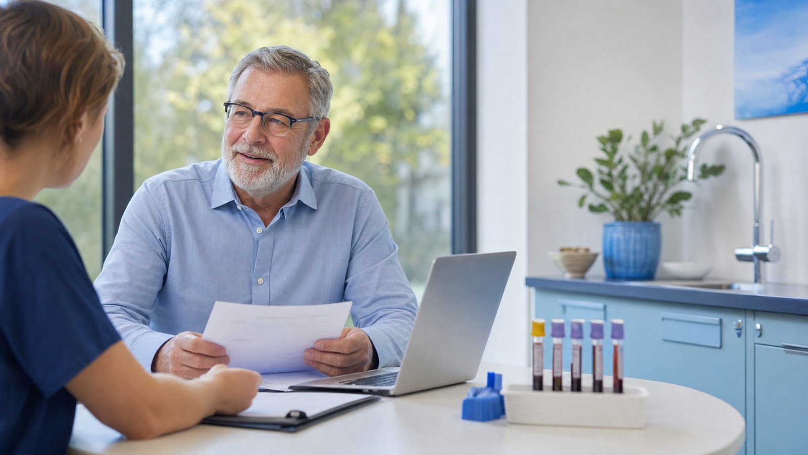 Confident man discussing Prostate Specific Antigen (PSA) Blood Test results with healthcare professional