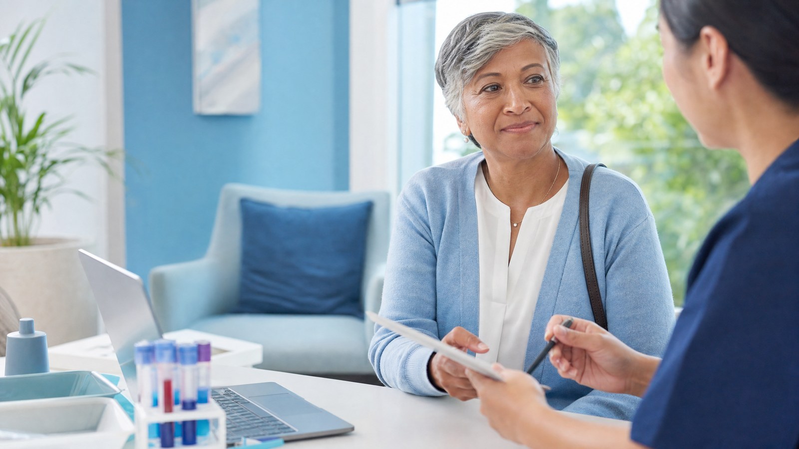 Person feeling reassured after completing a Quantitative Faecal Immunochemical Test (qFIT) blood test at home