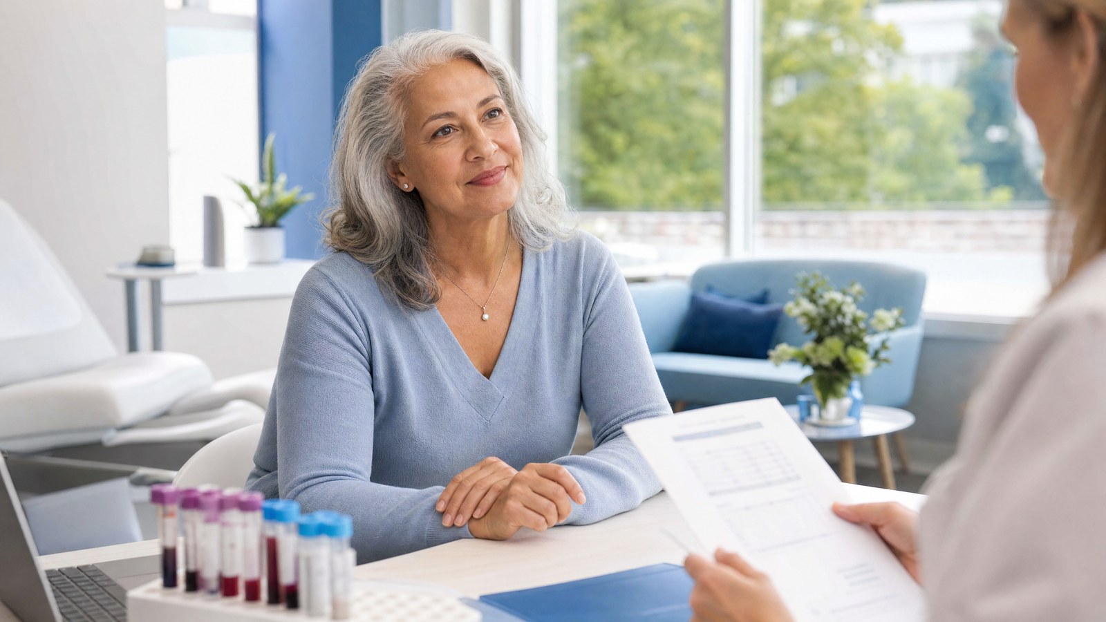 OV Monitor (CA 125) Blood Test kit with a reassuring woman looking contemplative