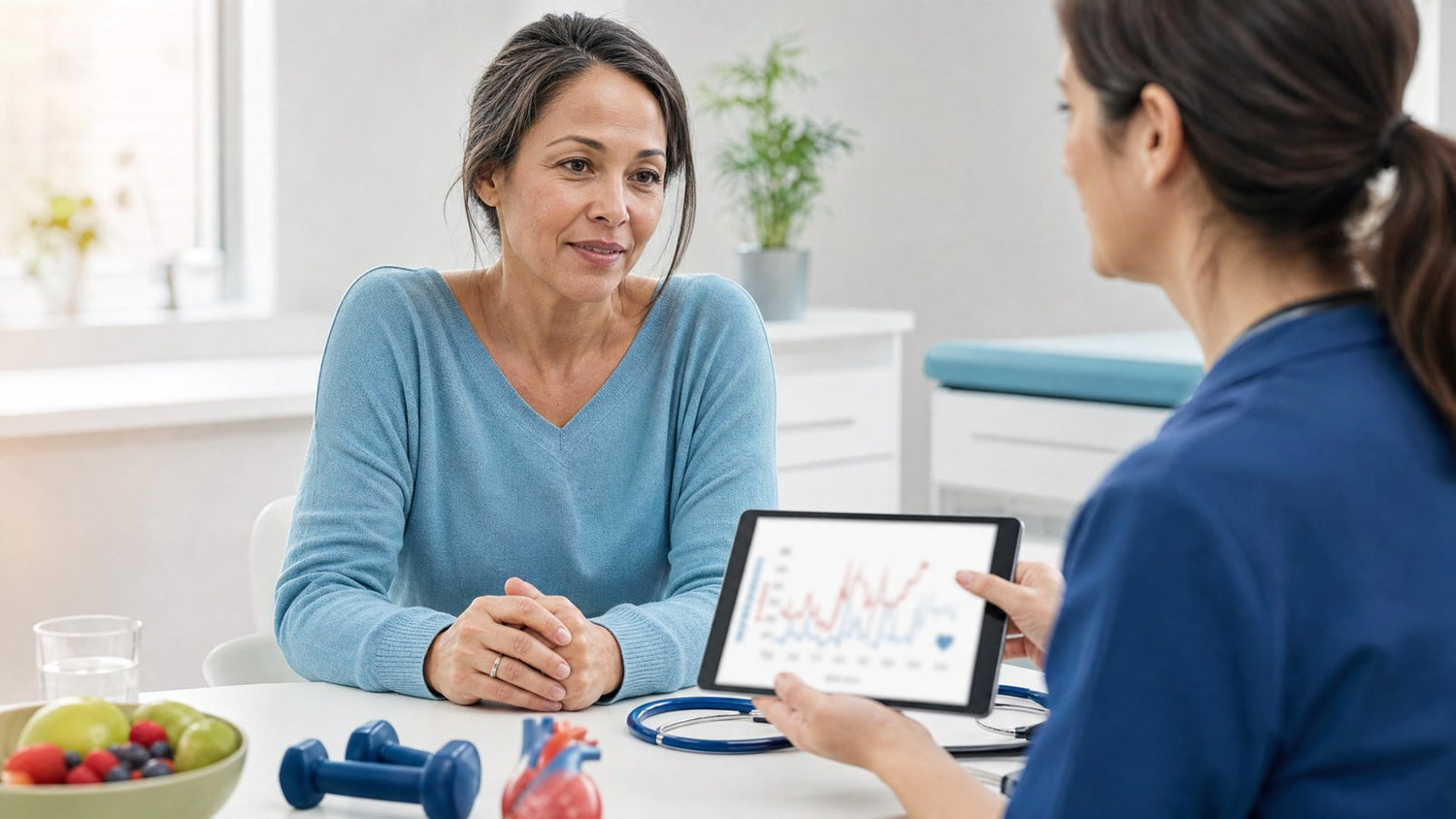 Oestradiol Blood Test kit with healthcare professional reviewing results