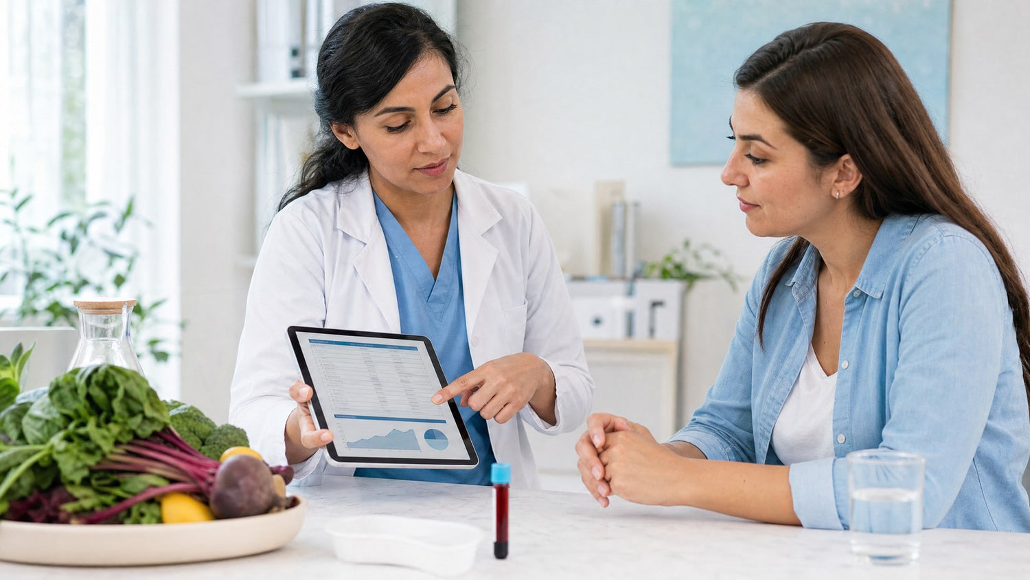 Folate Blood Test kit with healthy foods rich in folate