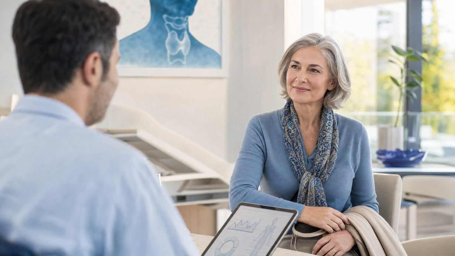 A patient actively participating in a consultation with their healthcare provider.