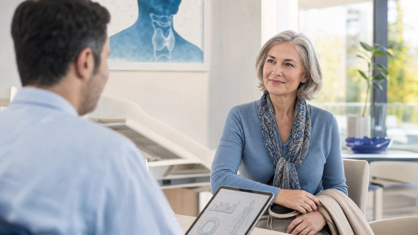 A patient actively participating in a consultation with their healthcare provider.