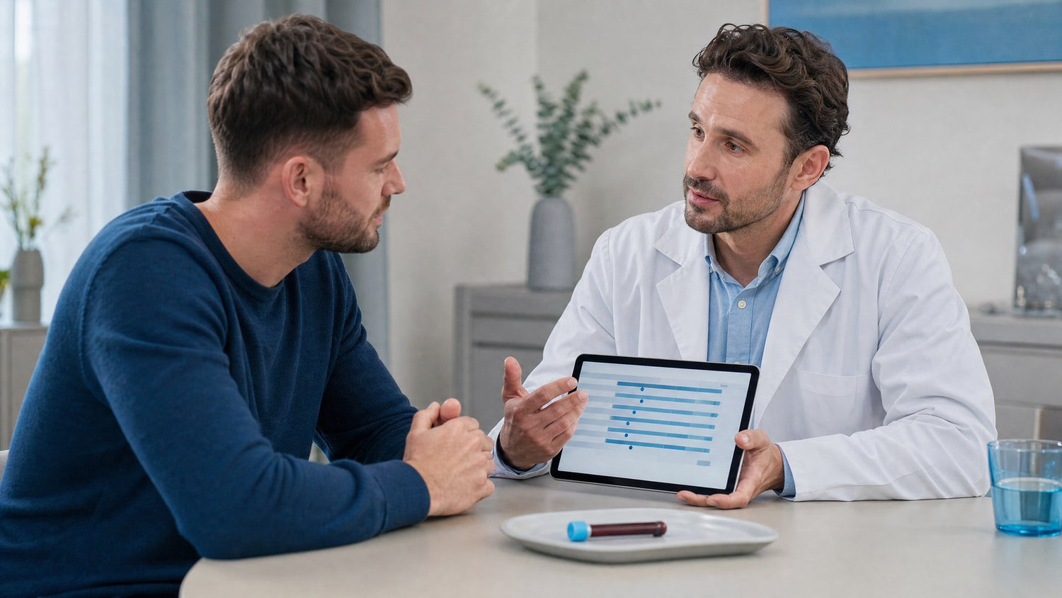 A man reviewing his Ultimate Male Fertility Test results with a healthcare professional.