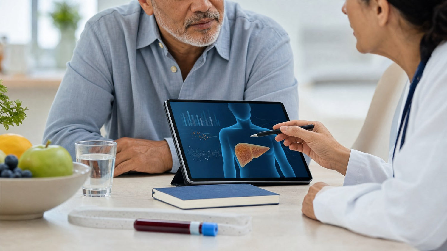 A close-up of a person reviewing a detailed health report on a laptop