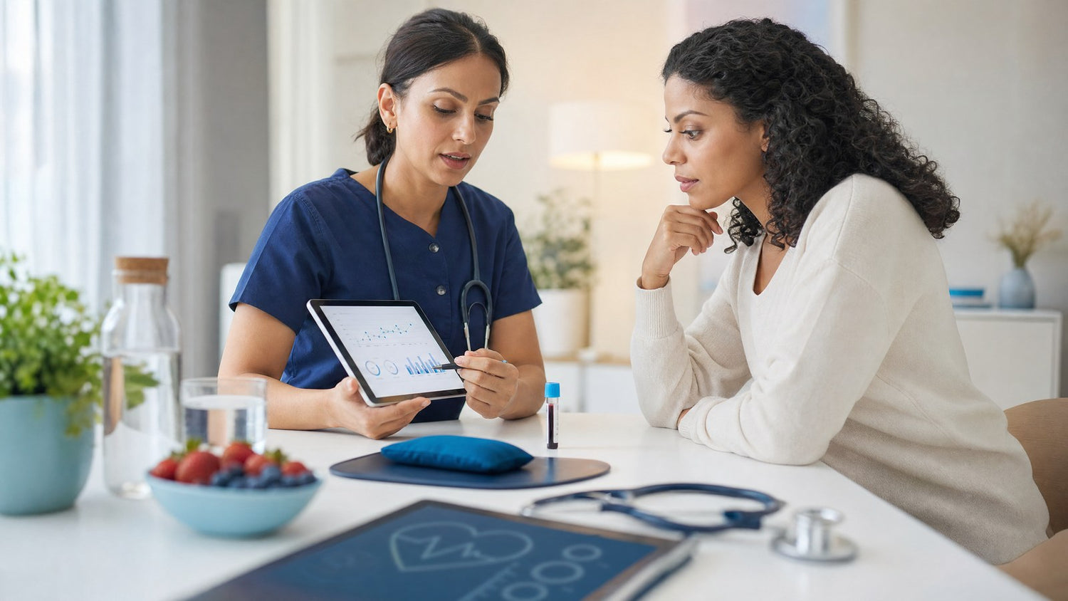 A healthcare professional explaining the results of a Pregnancy (HCG) Blood Test to a patient.