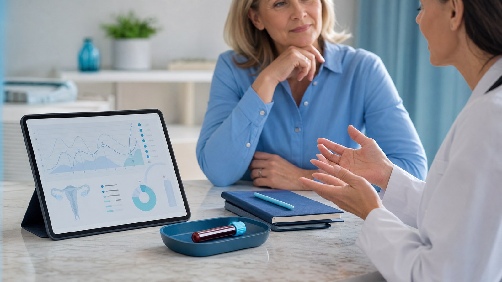 Woman reviewing Luteinising Hormone (LH) Blood Test results on a tablet