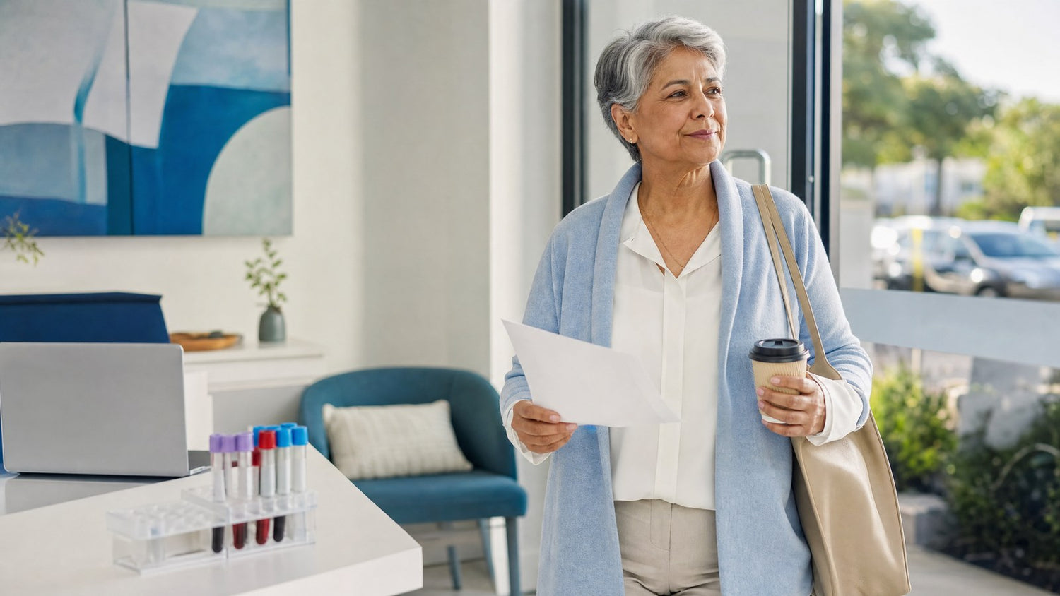 A confident patient reviewing their Accutane (Isotretinoin) Treatment Blood Test results on a digital device