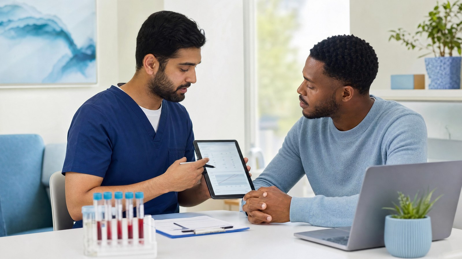 Prostate Specific Antigen (PSA) Blood Test kit with blood sample vial and healthcare professional