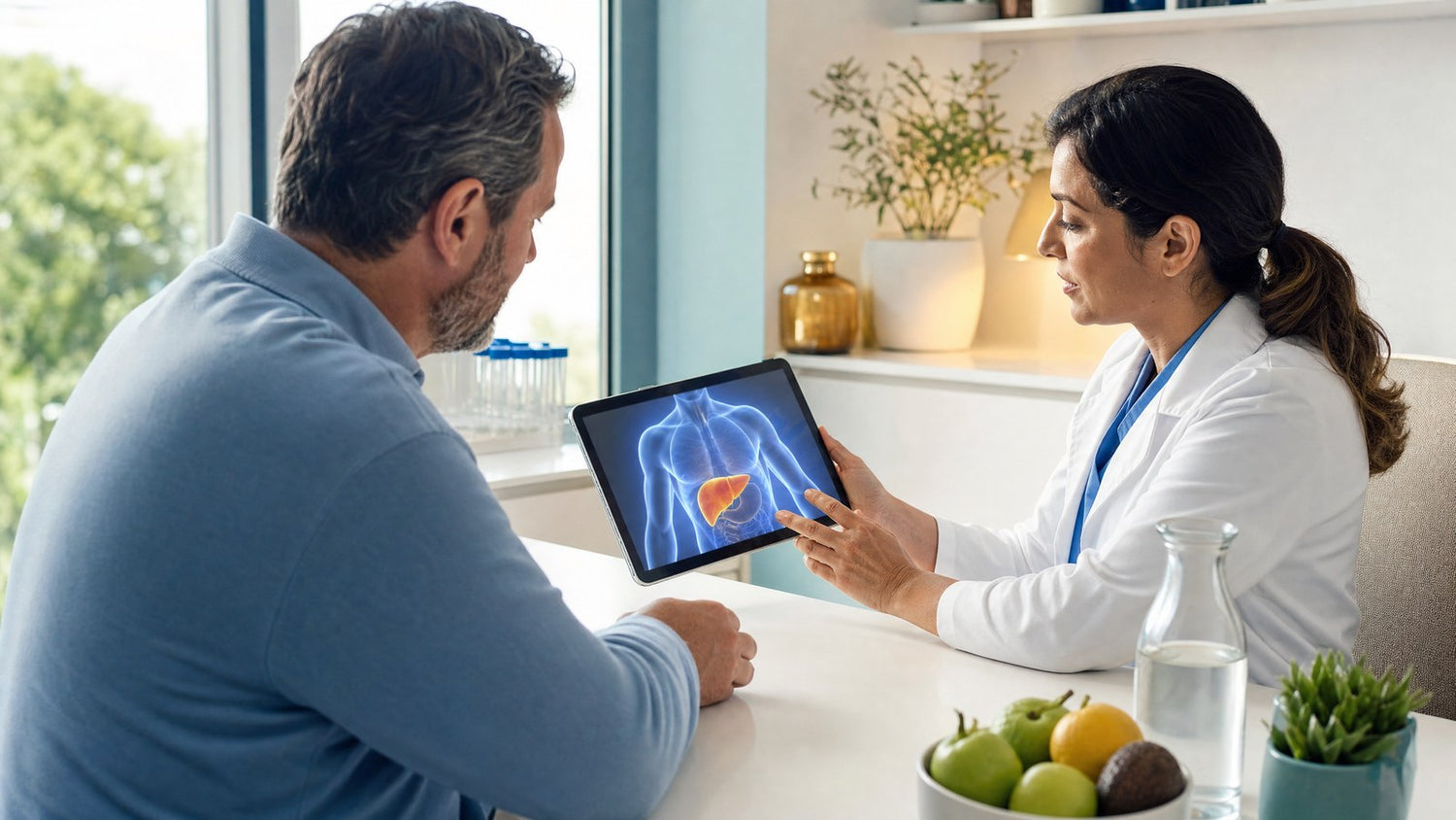 A patient discussing Alkaline Phosphatase (ALP) blood test results with a doctor