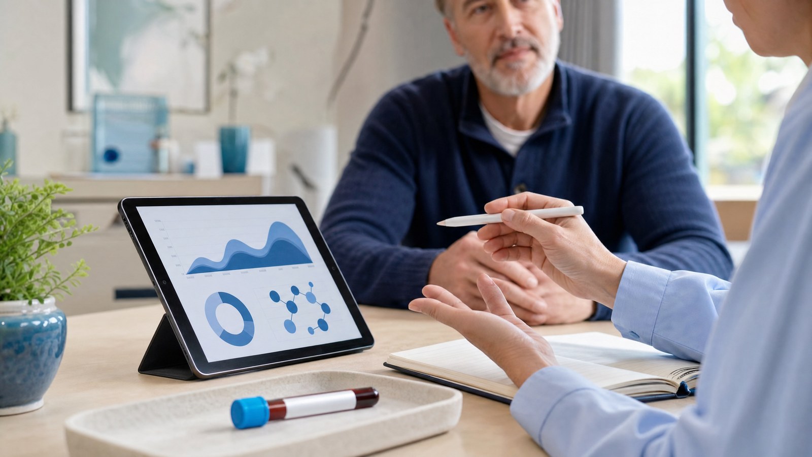 A patient reviewing their personalised SHBG blood test results on a tablet