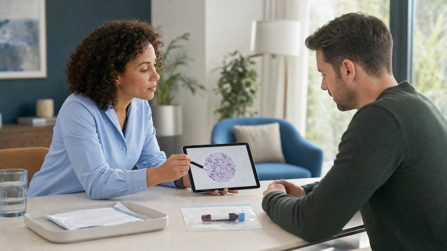 A healthcare professional reviewing a Cytomegalovirus (IgG) Blood Test result with a patient.