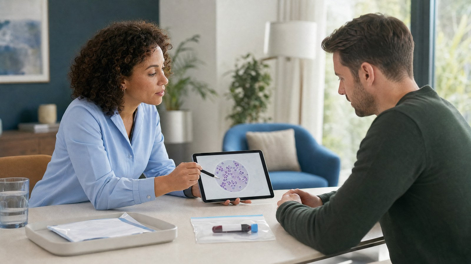 A healthcare professional reviewing a Cytomegalovirus (IgG) Blood Test result with a patient.
