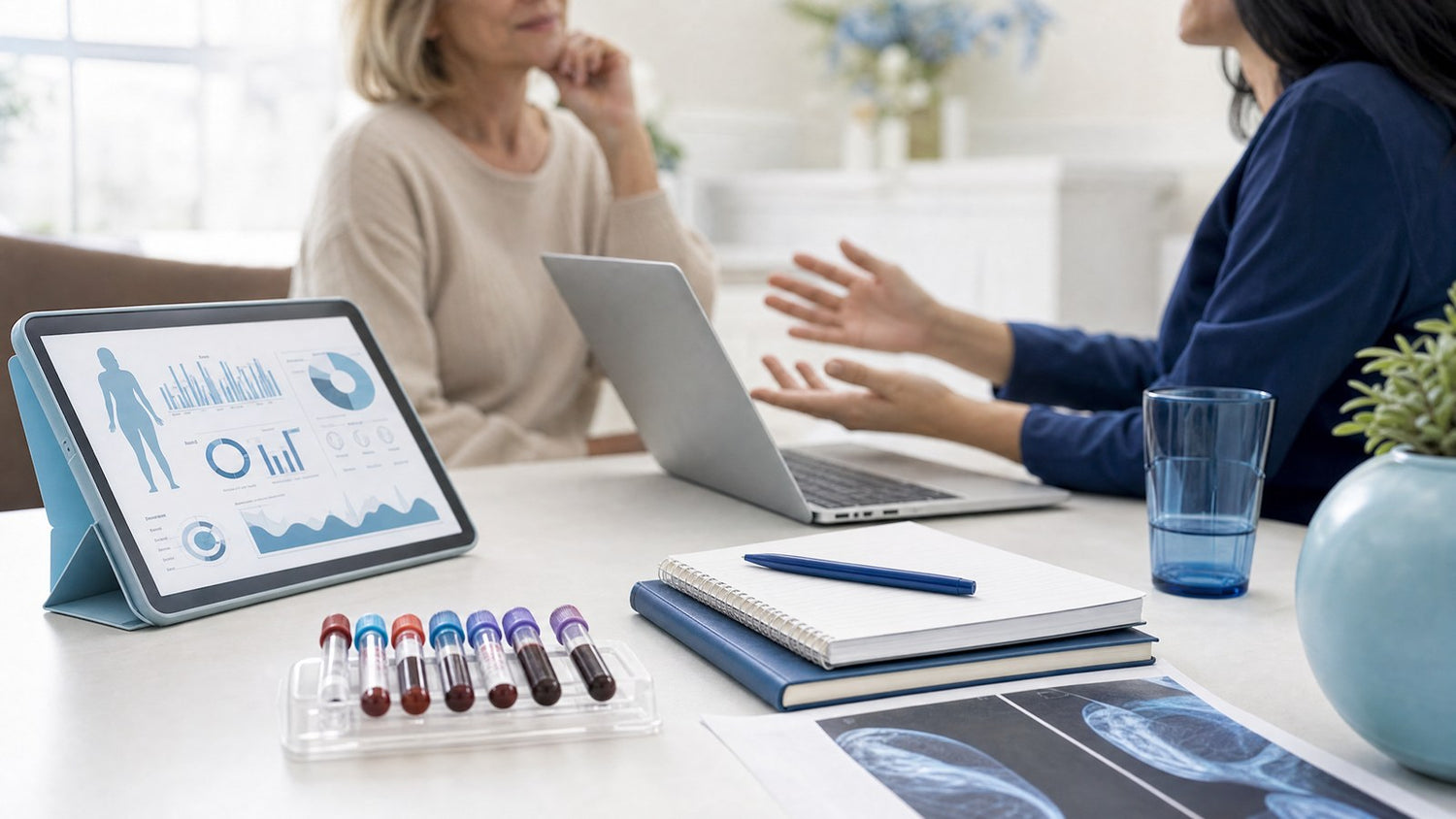 A healthcare professional explaining CA 15-3 blood test results to a patient.