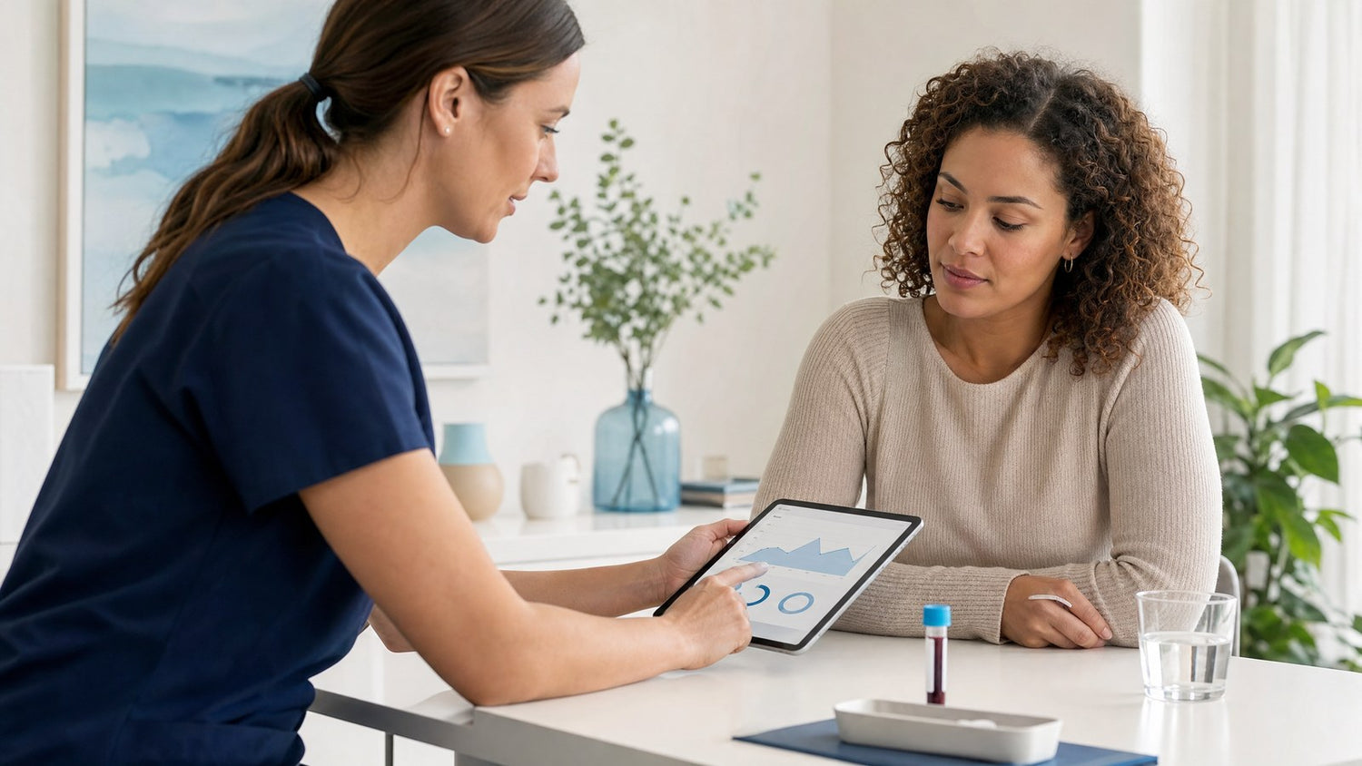 Woman reviewing her Progesterone Blood Test results with a healthcare professional