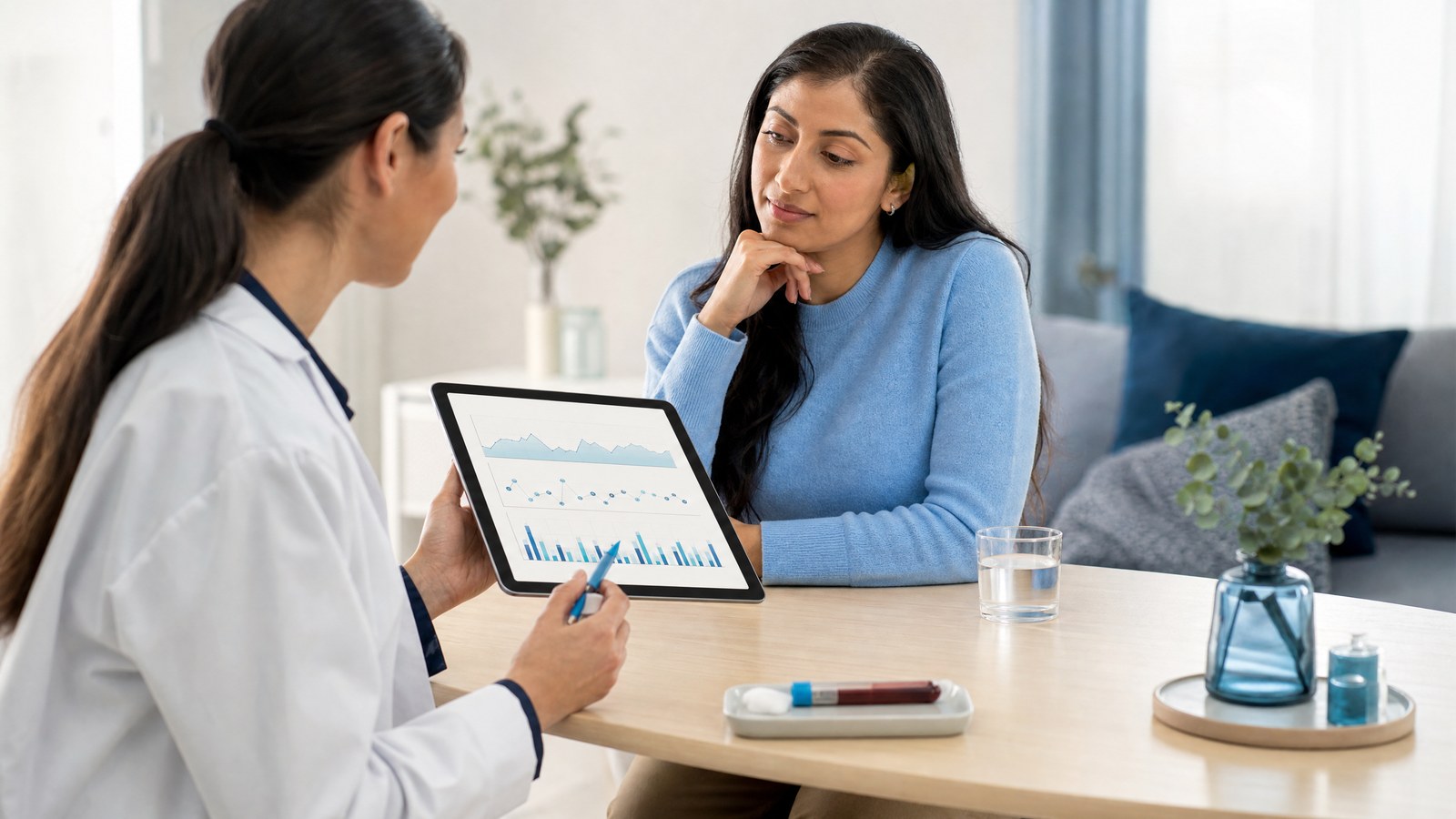 A person looking at their Advanced Thyroid Function blood test results on a tablet.