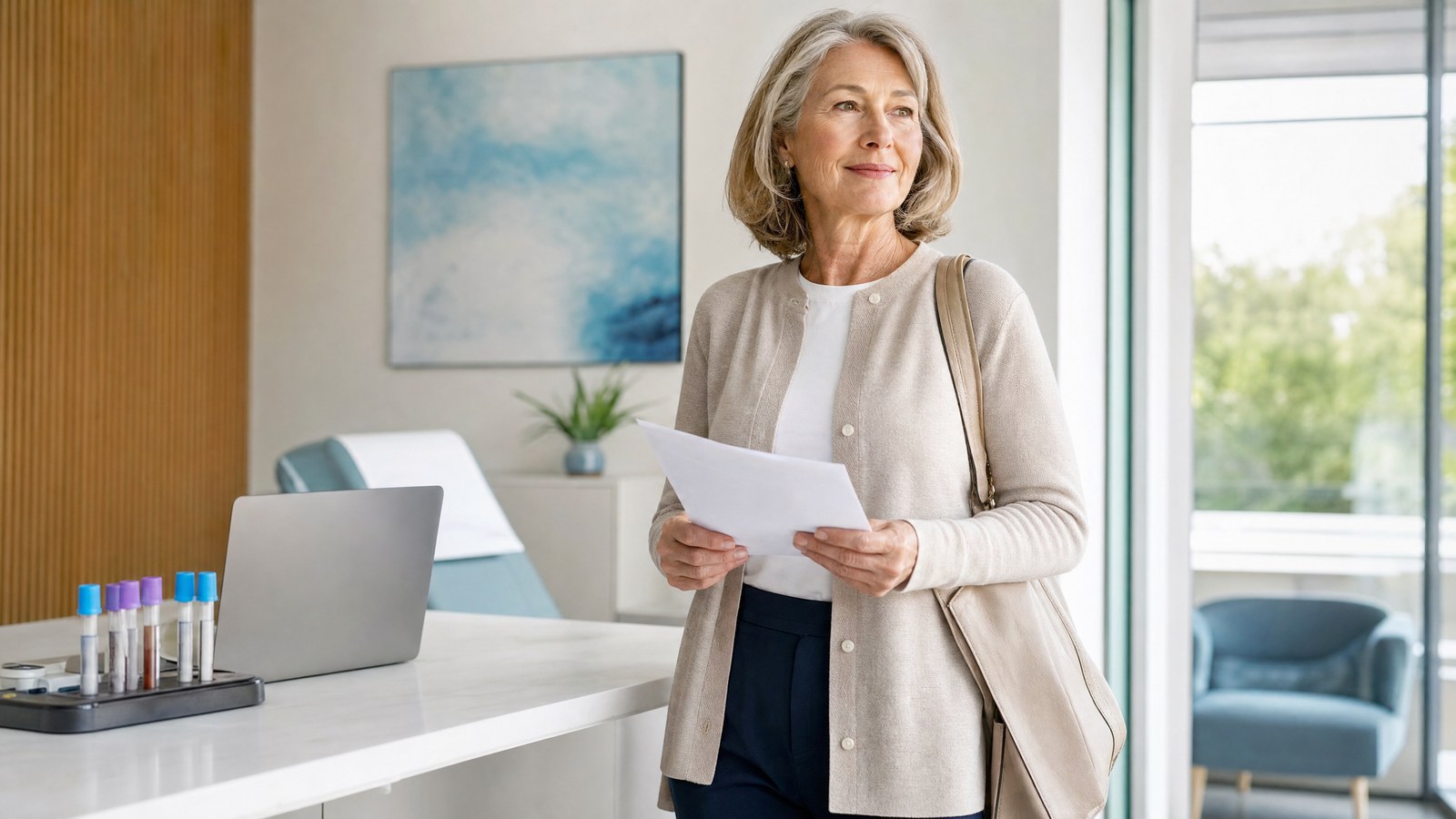 A woman reviewing her health information, feeling empowered by her knowledge of her hCG levels.