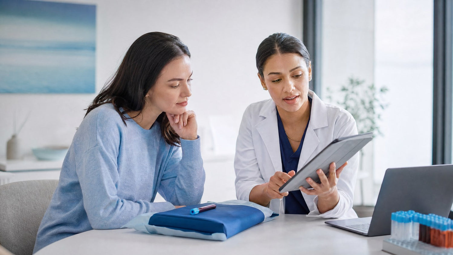 A healthcare professional reviewing CA 15-3 blood test results with a patient.