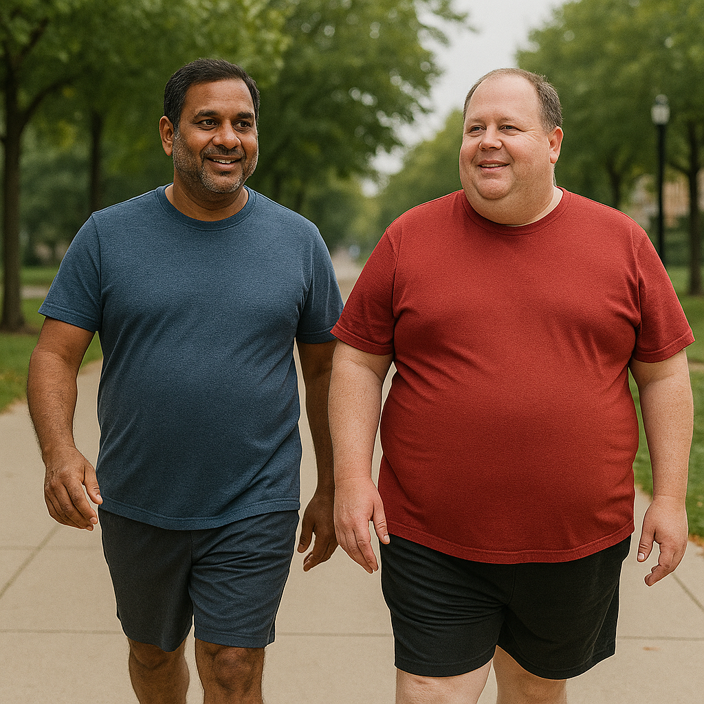 Two men going for a walk in the park