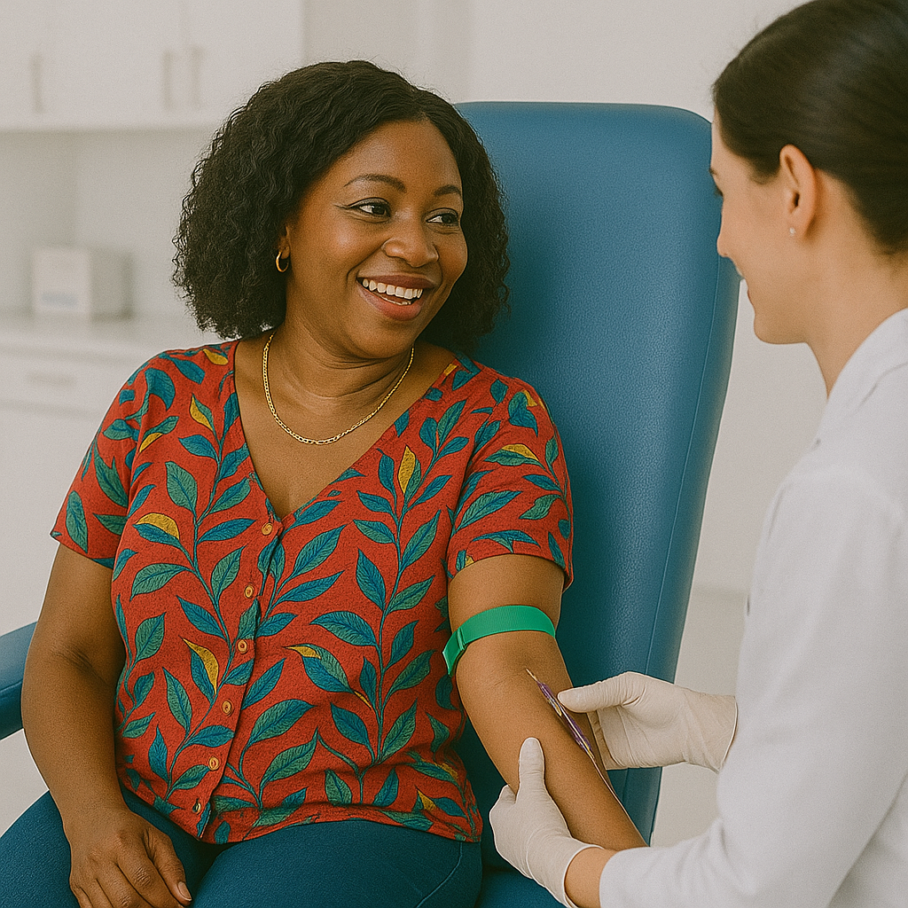 Happy woman having her blood taken