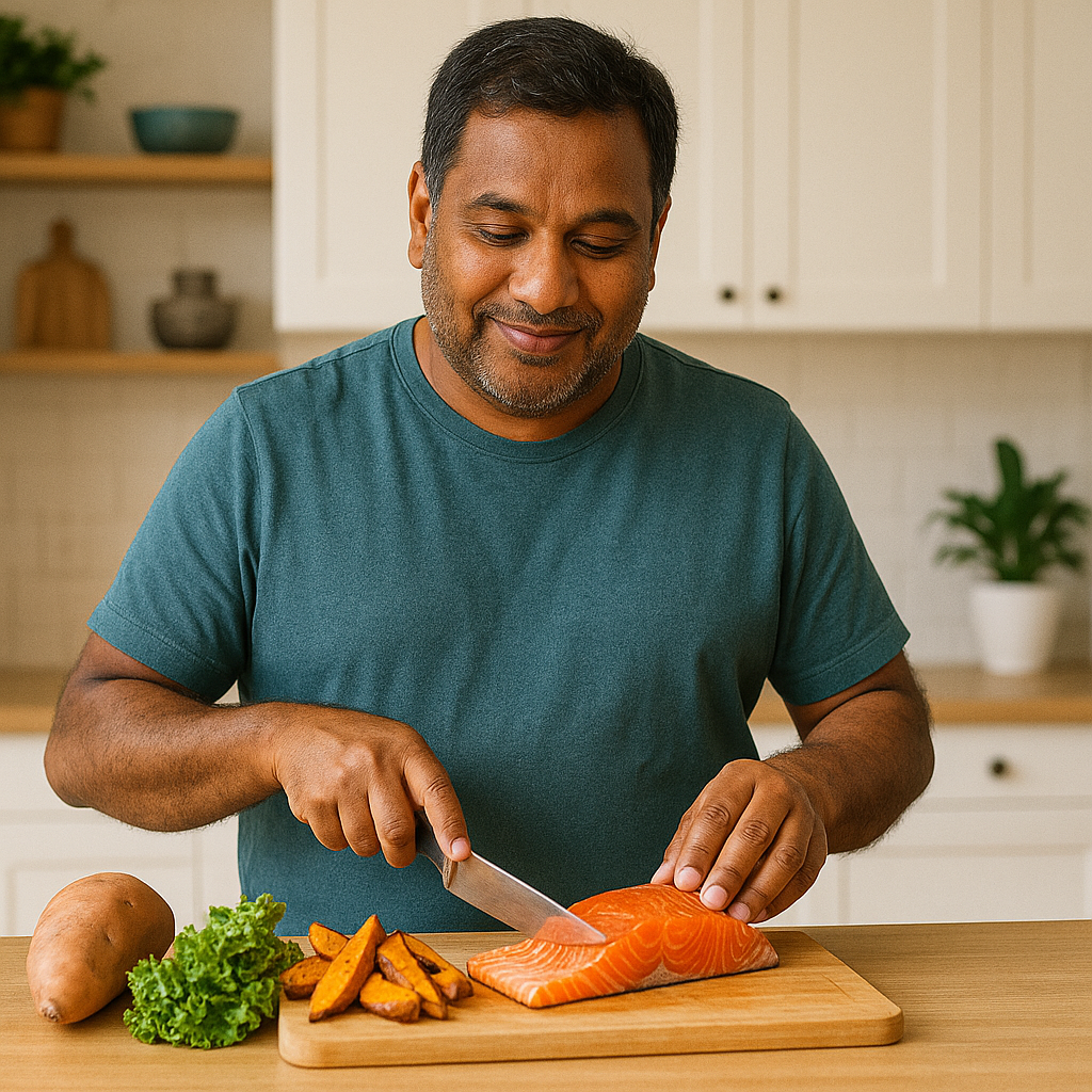 Happy man eating healthy diet