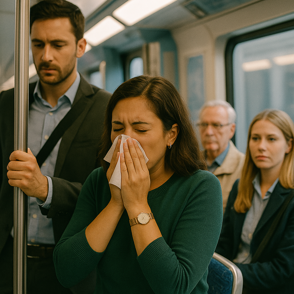 Woman sneezing on busy train