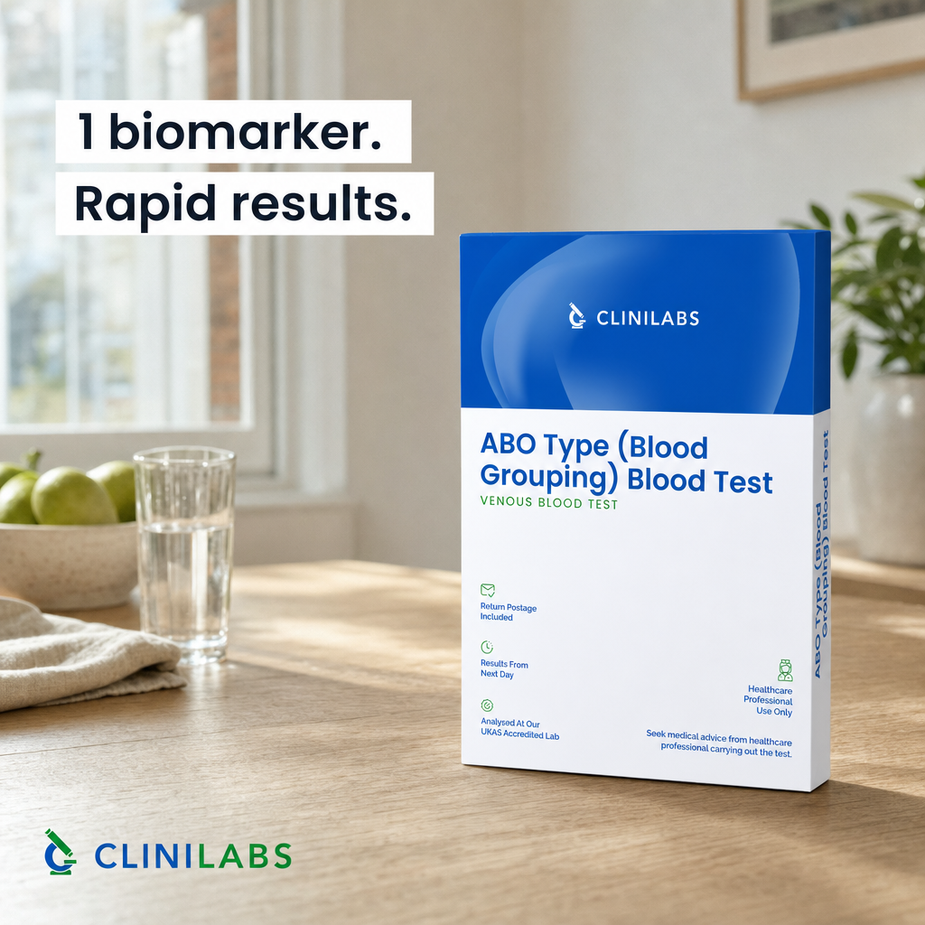 ABO Type (Blood Grouping) Blood Test kit on a kitchen table