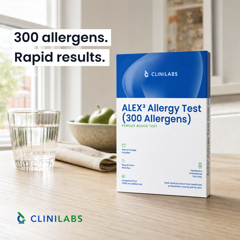 ALEX³ Allergy Test (300 Allergens) kit on a kitchen table
