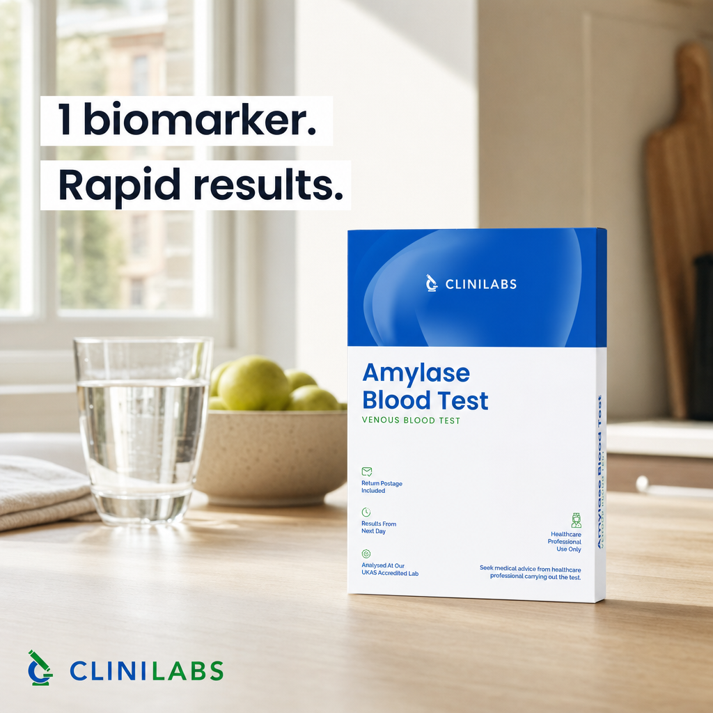 Amylase Blood Test kit on a kitchen table