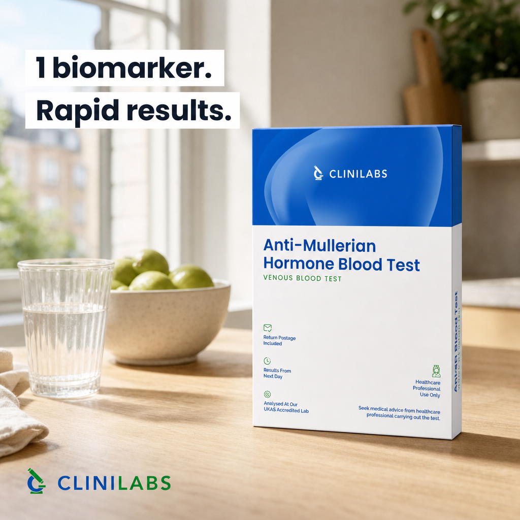 Anti-Mullerian Hormone (AMH) Blood Test kit on a kitchen table