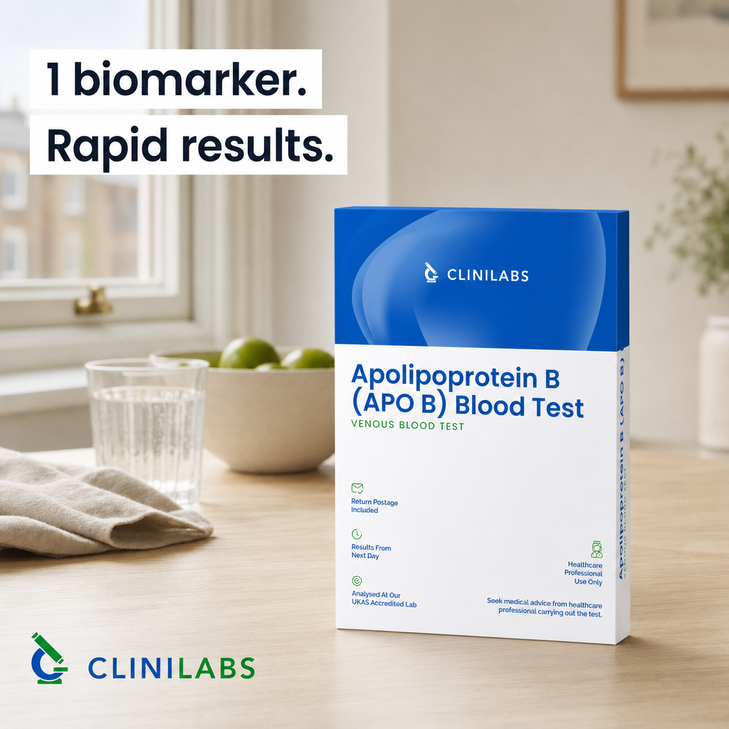 Apolipoprotein B (APO B) Blood Test kit on a kitchen table