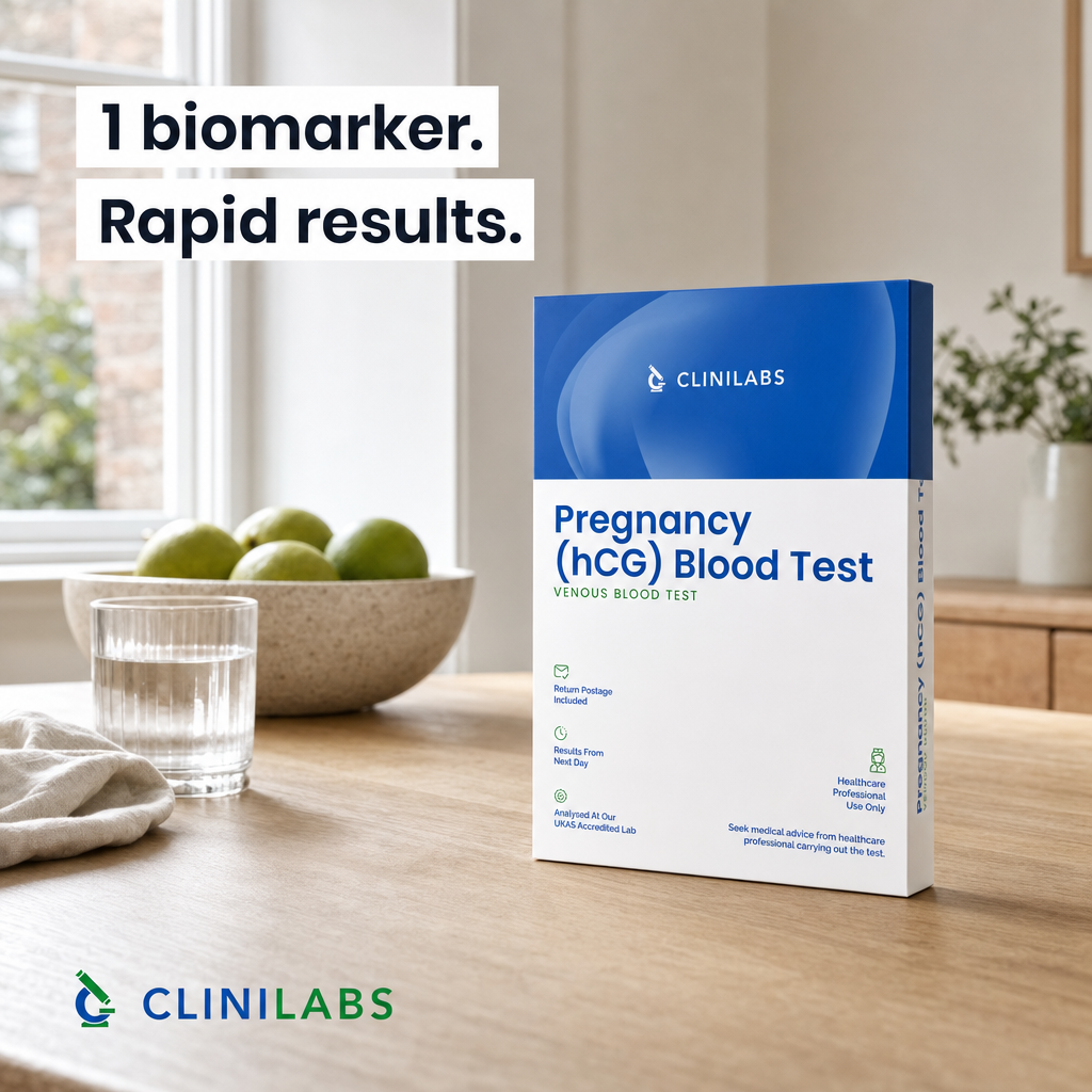 Pregnancy (hCG) Blood Test London kit on a kitchen table