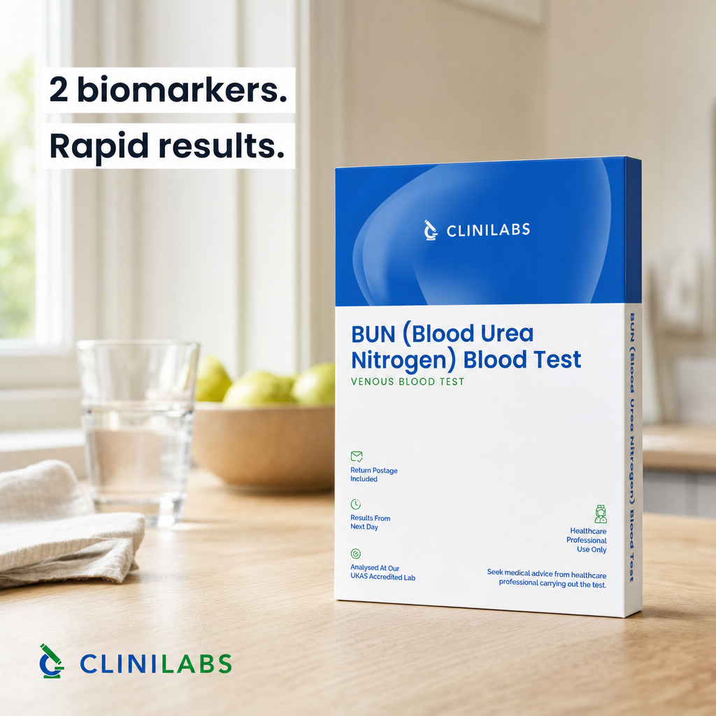 BUN (Blood Urea Nitrogen) Blood Test kit on a kitchen table