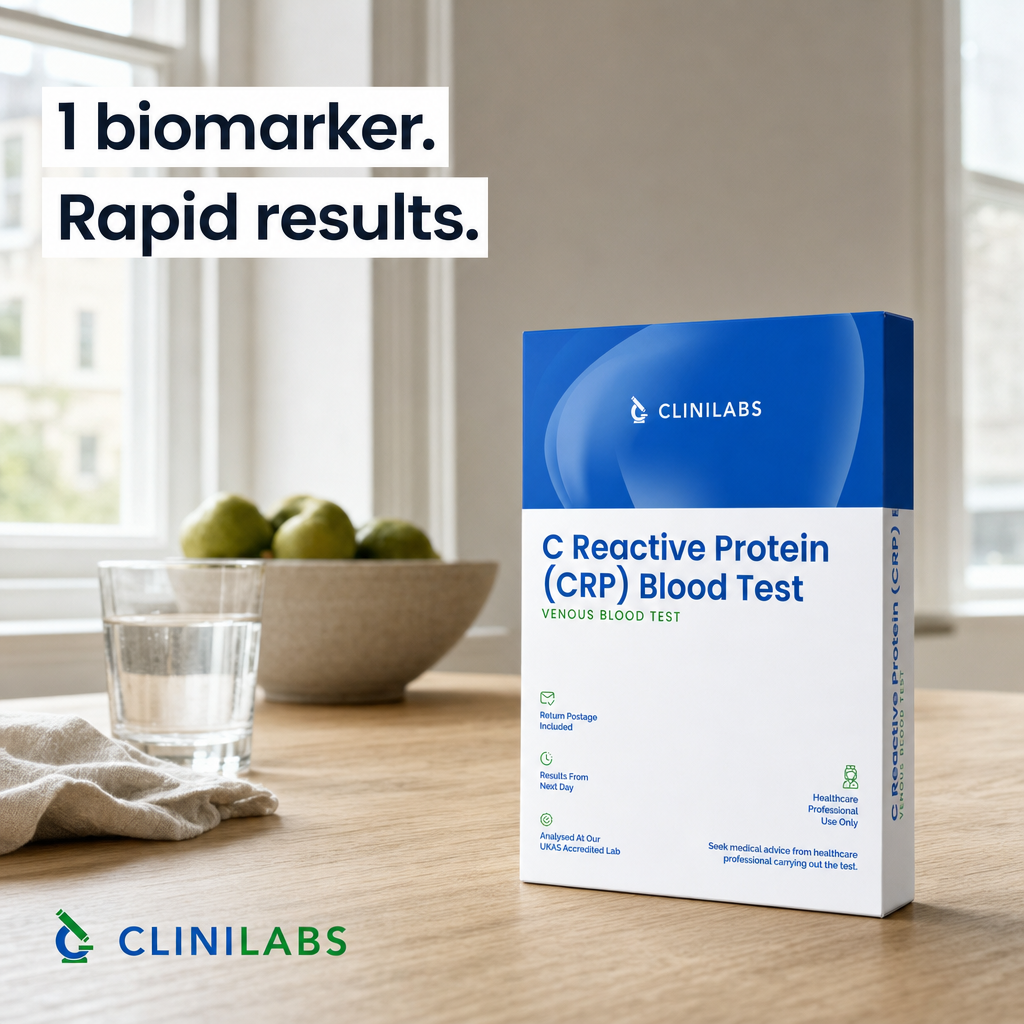 C Reactive Protein (CRP) Blood Test kit on a kitchen table