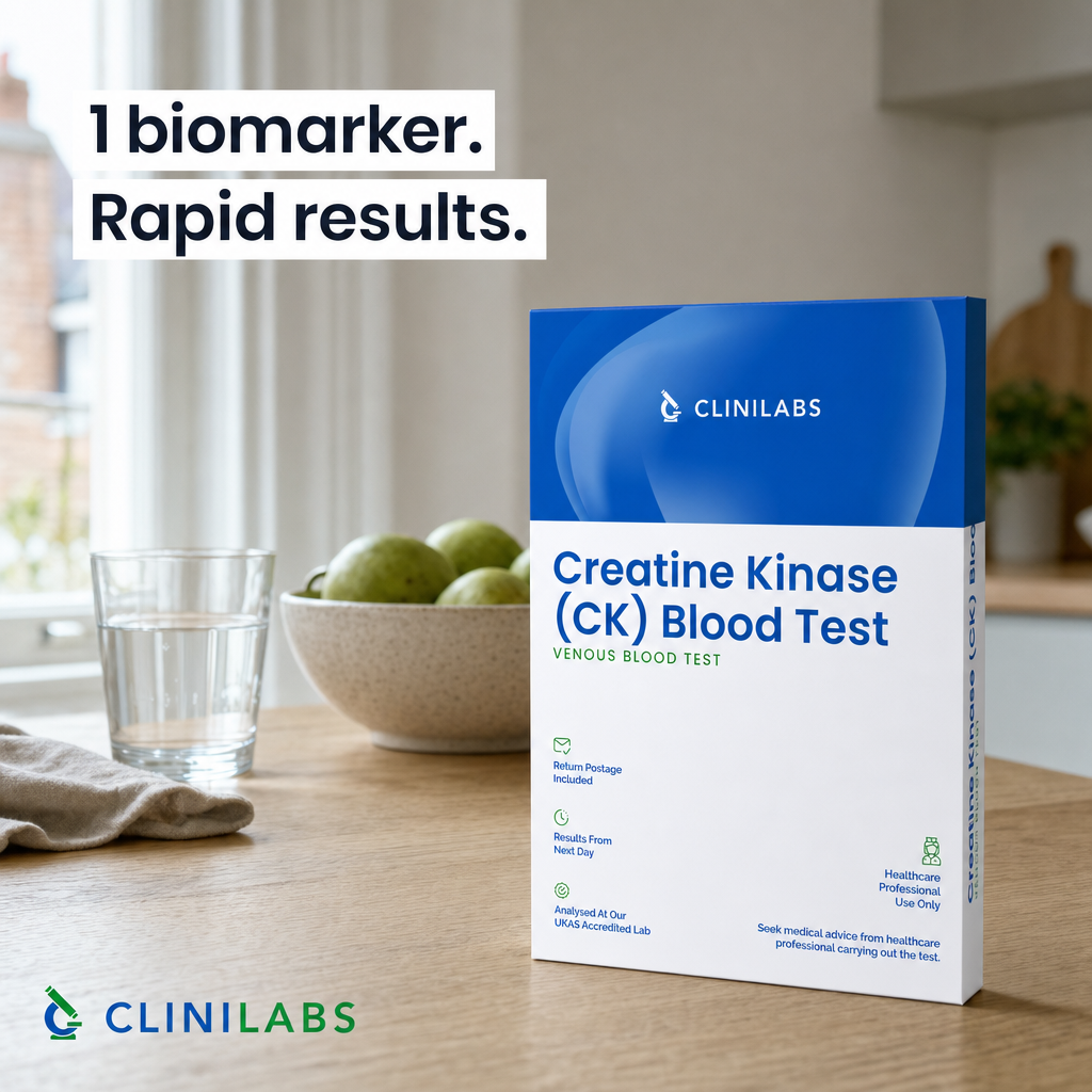 Creatine Kinase (CK) Blood Test kit on a kitchen table