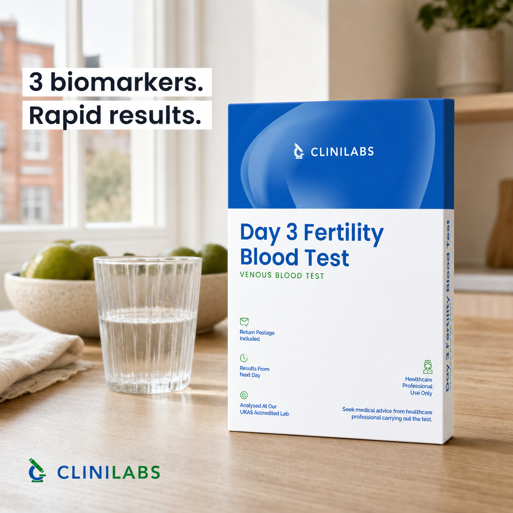 Day 3 Fertility Blood Test kit on a kitchen table