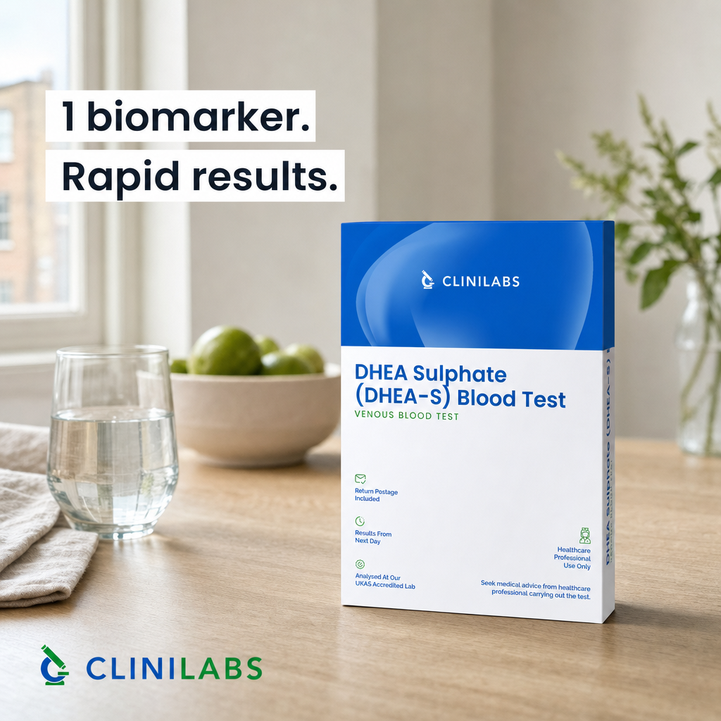 Dehydroepiandrosterone Sulphate (DHEA-S) Blood Test kit on a kitchen table