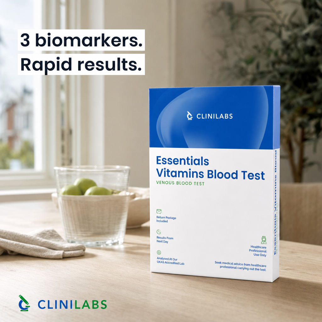 Essentials Vitamins Blood Test kit on a kitchen table