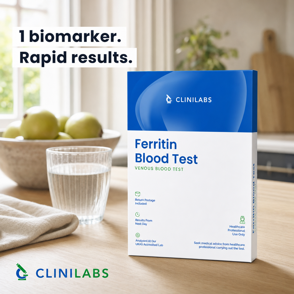 Ferritin Blood Test kit on a kitchen table