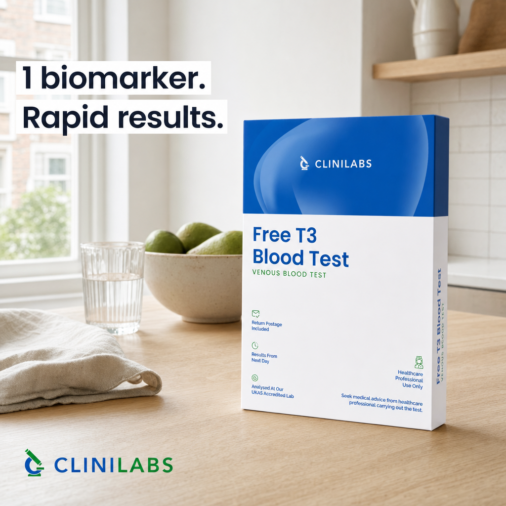 Free T3 Blood Test kit on a kitchen table
