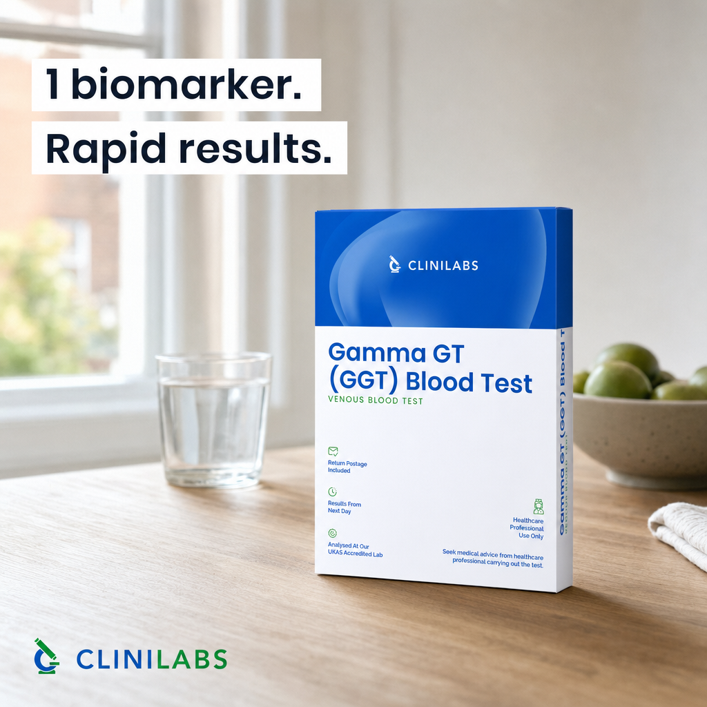 Gamma-Glutamyl Transpeptidase (GGT) Blood Test kit on a kitchen table