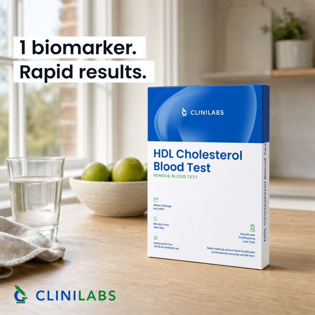 HDL Cholesterol Blood Test kit on a kitchen table